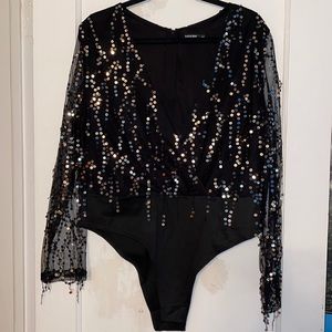 Shein Curve Wrap V Neck Sequin Fringe Bodysuit